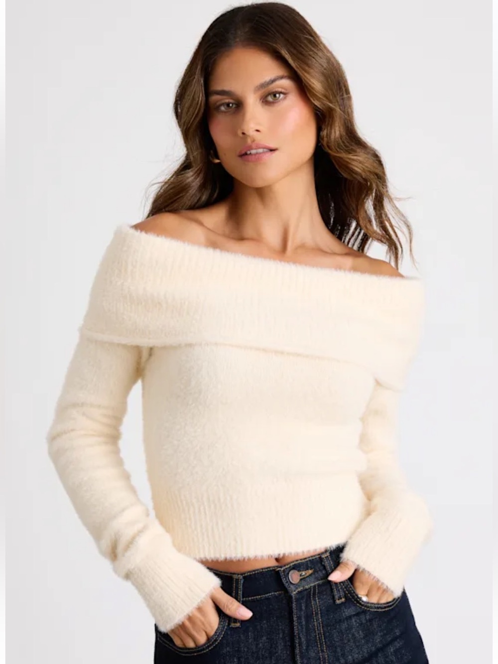 NWT Lulus Ravenna Ivory Eyelash Knit Off-the-Shoulder Sweater Top